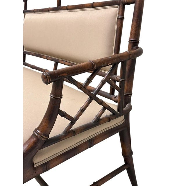 Vintage Chinese Chippendale Faux Bamboo Tan Upholstered Settee | IdleHour