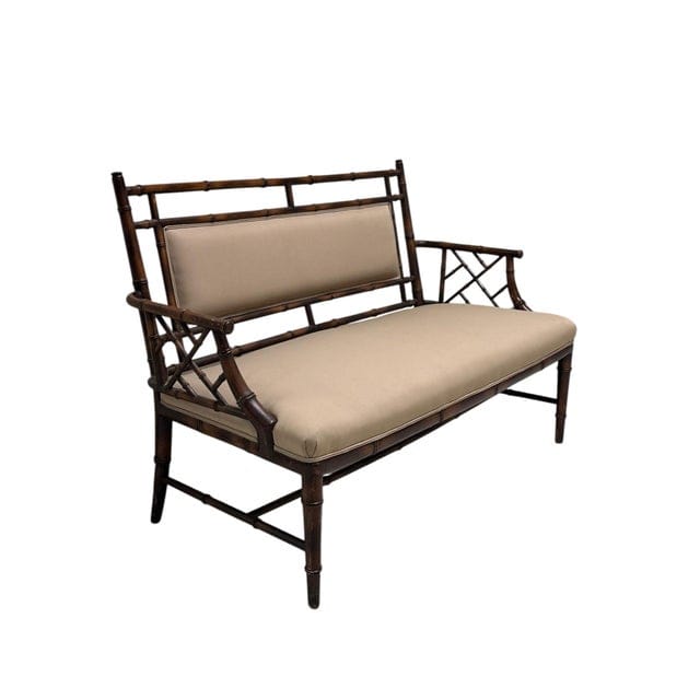 Vintage Chinese Chippendale Faux Bamboo Tan Upholstered Settee | IdleHour