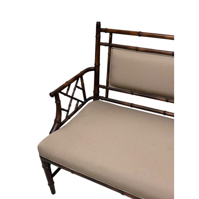 Vintage Chinese Chippendale Faux Bamboo Tan Upholstered Settee | IdleHour