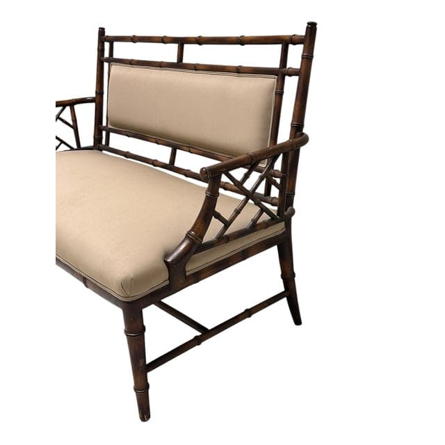 Vintage Chinese Chippendale Faux Bamboo Tan Upholstered Settee | IdleHour
