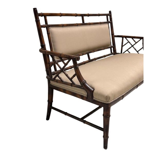 Vintage Chinese Chippendale Faux Bamboo Tan Upholstered Settee | IdleHour