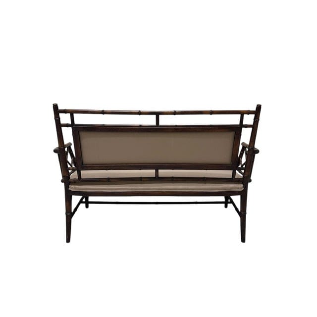 Vintage Chinese Chippendale Faux Bamboo Tan Upholstered Settee | IdleHour