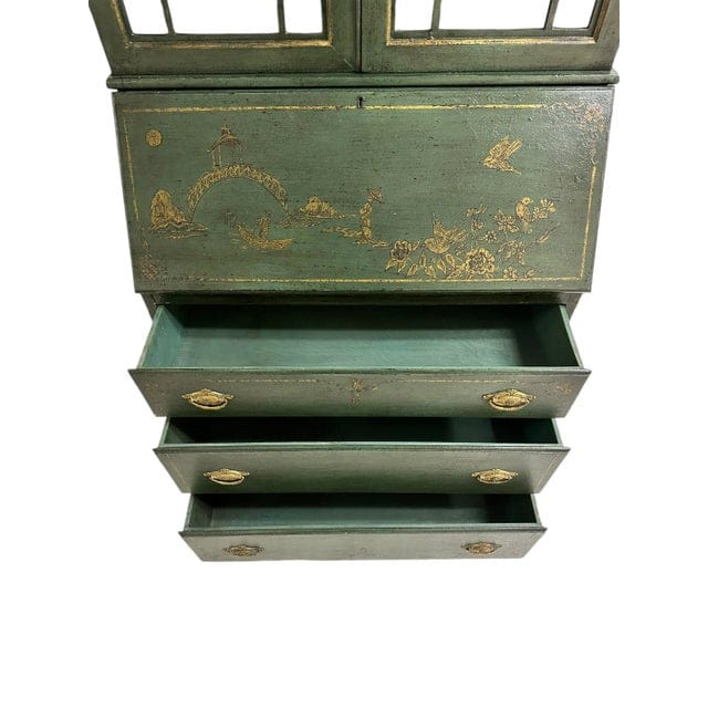 Vintage Chippendale Hand Painted Green and Gold Chinoiserie Secretary With an Antiqued Finish | IdleHour