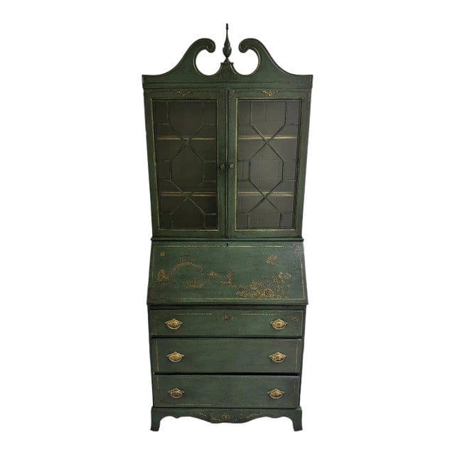 Vintage Chippendale Hand Painted Green and Gold Chinoiserie Secretary With an Antiqued Finish | IdleHour