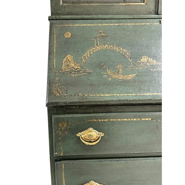 Vintage Chippendale Hand Painted Green and Gold Chinoiserie Secretary With an Antiqued Finish | IdleHour