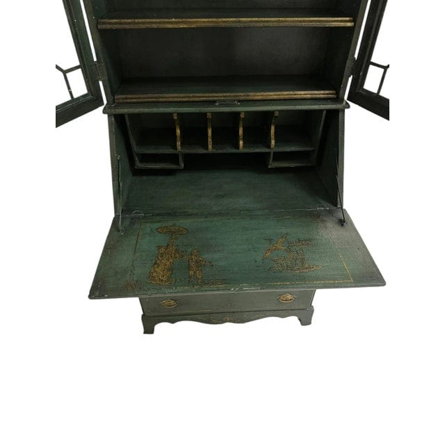 Vintage Chippendale Hand Painted Green and Gold Chinoiserie Secretary With an Antiqued Finish | IdleHour