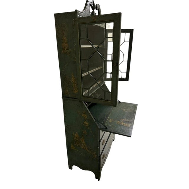 Vintage Chippendale Hand Painted Green and Gold Chinoiserie Secretary With an Antiqued Finish | IdleHour