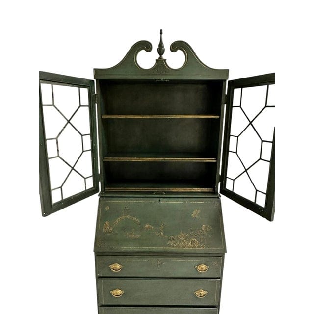 Vintage Chippendale Hand Painted Green and Gold Chinoiserie Secretary With an Antiqued Finish | IdleHour