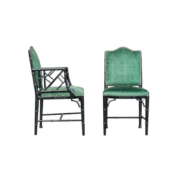 Vintage Faux Bamboo Dark Green Chippendale Dining Chairs With Green Velvet Crocodile Relief Upholstery - Set of 6 | IdleHour