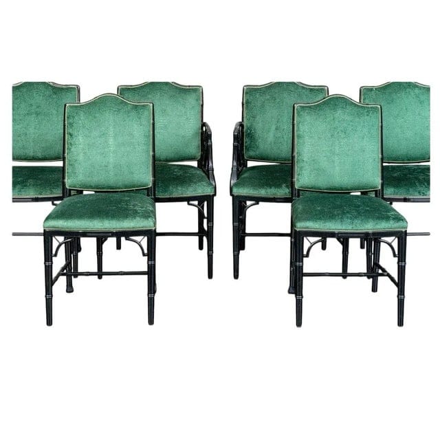 Vintage Faux Bamboo Dark Green Chippendale Dining Chairs With Green Velvet Crocodile Relief Upholstery - Set of 6 | IdleHour