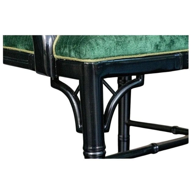 Vintage Faux Bamboo Dark Green Chippendale Dining Chairs With Green Velvet Crocodile Relief Upholstery - Set of 6 | IdleHour