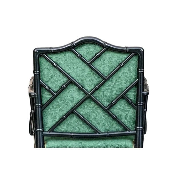 Vintage Faux Bamboo Dark Green Chippendale Dining Chairs With Green Velvet Crocodile Relief Upholstery - Set of 6 | IdleHour