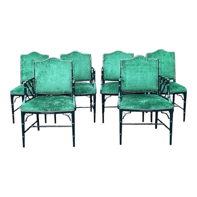 Vintage Faux Bamboo Dark Green Chippendale Dining Chairs With Green Velvet Crocodile Relief Upholstery - Set of 6 | IdleHour