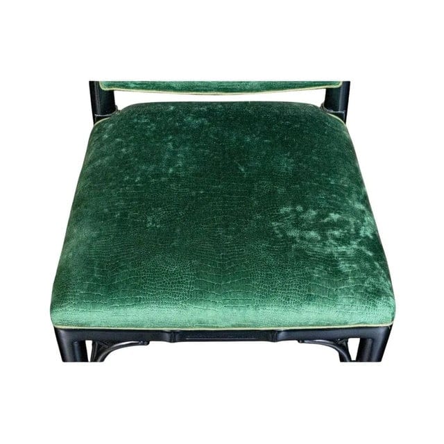 Vintage Faux Bamboo Dark Green Chippendale Dining Chairs With Green Velvet Crocodile Relief Upholstery - Set of 6 | IdleHour