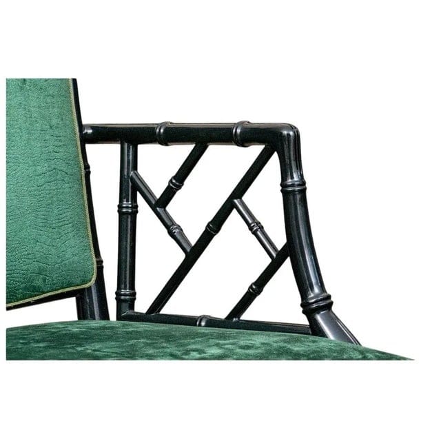 Vintage Faux Bamboo Dark Green Chippendale Dining Chairs With Green Velvet Crocodile Relief Upholstery - Set of 6 | IdleHour