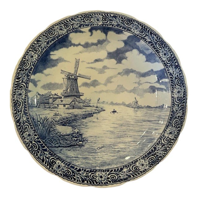 Vintage Large Delft Boch Blue and White Plate With Sea and Windmill Scene | IdleHour