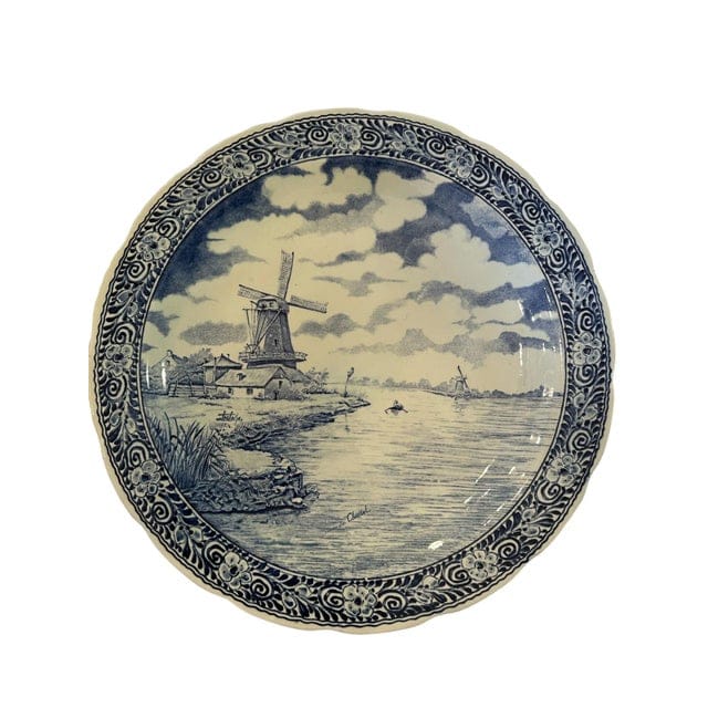 Vintage Large Delft Boch Blue and White Plate With Sea and Windmill Scene | IdleHour