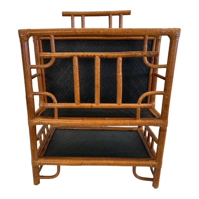 Vintage Mid Century Chinese Chippendale Bamboo and Black Rattan Magazine Rack | IdleHour