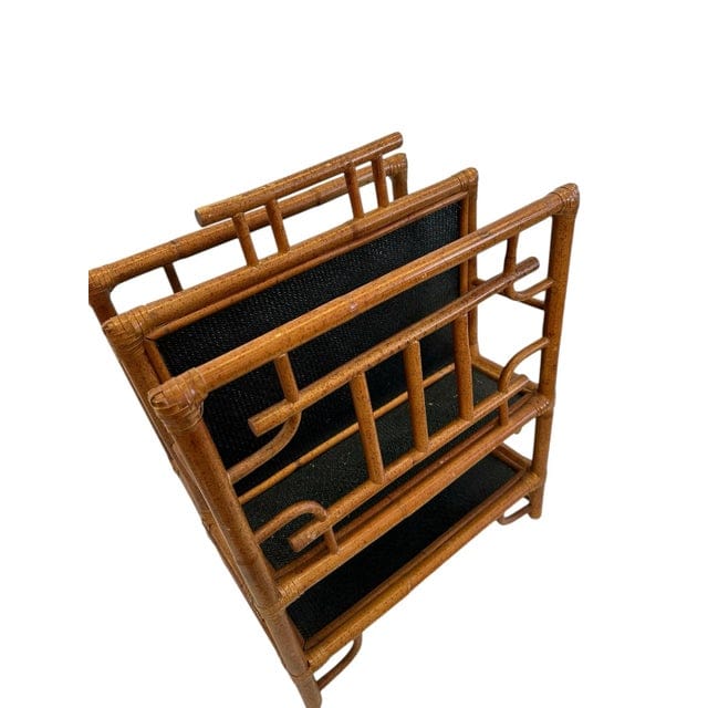 Vintage Mid Century Chinese Chippendale Bamboo and Black Rattan Magazine Rack | IdleHour