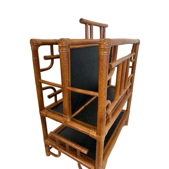 Vintage Mid Century Chinese Chippendale Bamboo and Black Rattan Magazine Rack | IdleHour