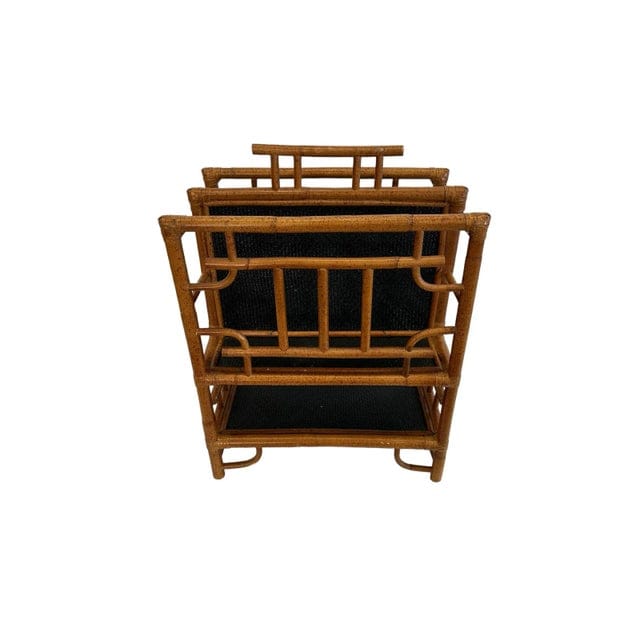 Vintage Mid Century Chinese Chippendale Bamboo and Black Rattan Magazine Rack | IdleHour