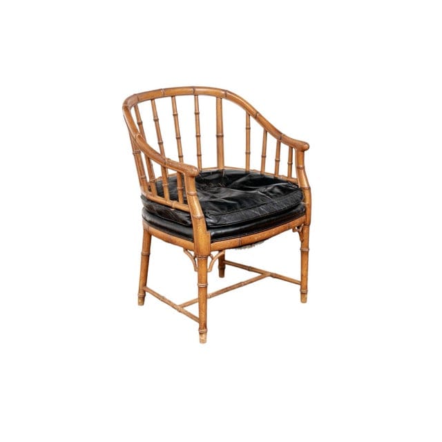 1930s Joseph Giannnola Faux Bamboo Regency Chair, Black Leather