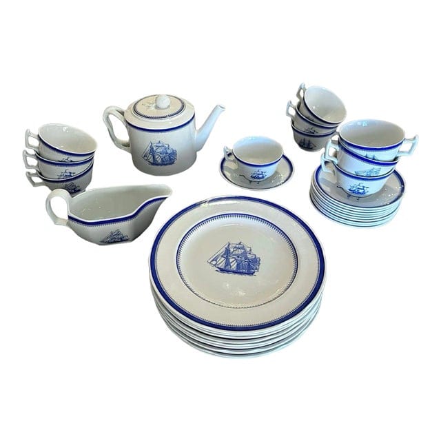 Late 20th Century Spode Blue Clipper Tea Set for 10 - 33 Pieces