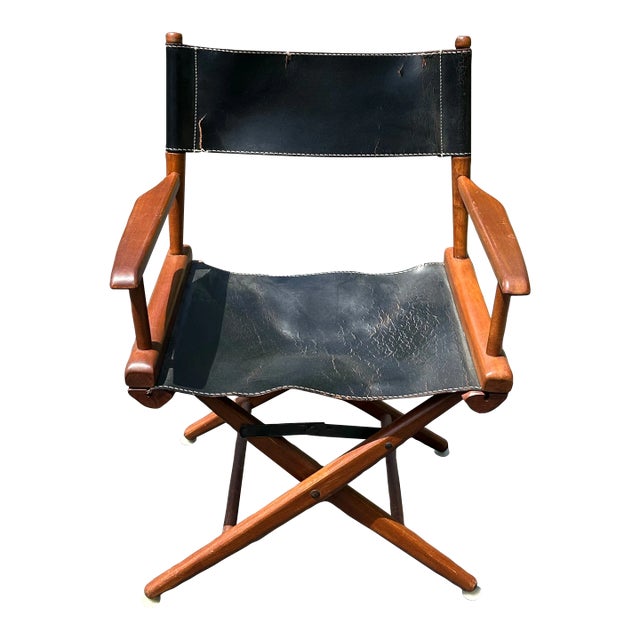 Vintage Mid-Century Black Leather Distressed Directors Chair by