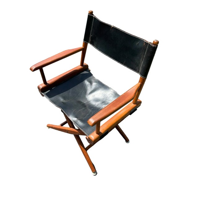 Vintage Mid-Century Black Leather Distressed Directors Chair by